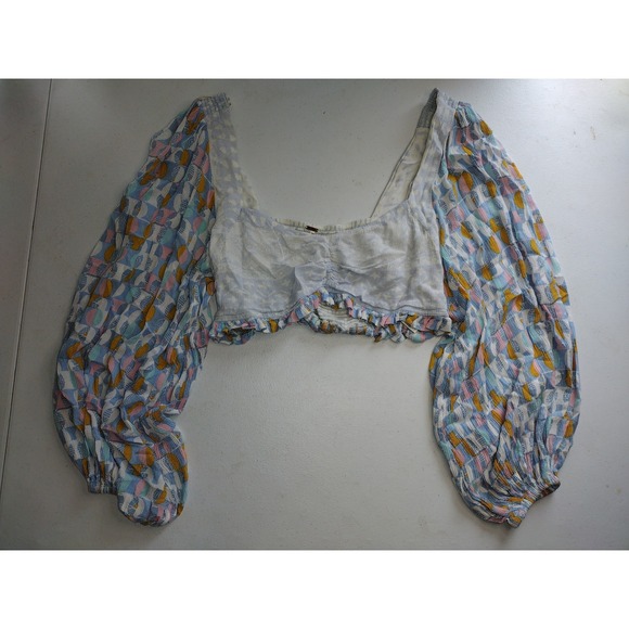 Free People Tops - Free People Womens Abstract Geometric Balloon Sleeve Smocked Crop Top Blue S